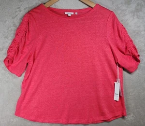 Chicos Top Blouse Tee Womens Sz 3 (XL) Pink Linen Short Rouched Sleeve - Picture 1 of 19