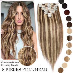 AAAAA Clip in 100% Real Remy Human Hair Extensions Full Head Highlight Hair Weft - Picture 1 of 77