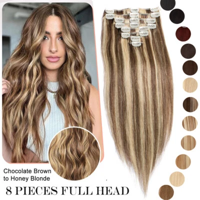 AAAAA Clip in 100% Real Remy Human Hair Extensions Full Head Highlight Hair Weft - Image 1 of 4