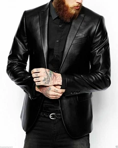 Men's Blazer Genuine Lambskin Real Leather Jacket Two Button Slim Fit Black - Picture 1 of 4