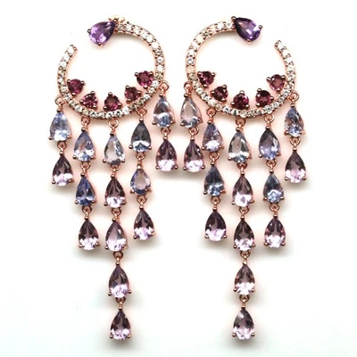 925 Sterling Silver Purple Pink Amethyst, Tanzanite, Rhodolite & Zircon Earrings - Image 1 of 4