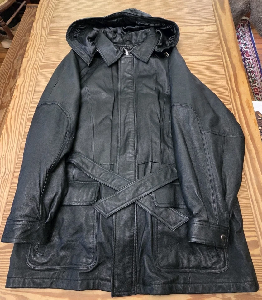 Abrigo de cuero para hombre Wilsons XL, capucha extraíble/forro aislante 5 bolsillos excelente estado Foto 1 de 4