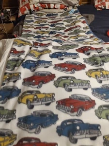 Classic/ Antique Cars With Blue Anti-Pill 2 Sided Fleece. Handcrafted 68 X 58 In - Picture 1 of 6