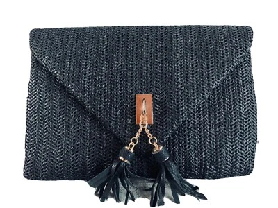 Sondra Roberts Rectangle Clutch With Optional Chain Strap Black & Gold W/Fringe - Image 1 of 4