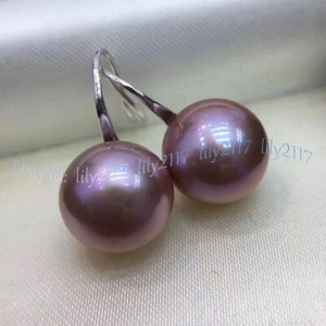 Genuine 9-10mm 10-11mm South Sea Purple Round Pearl Dangle Silver Hook Earrings - Picture 1 of 6