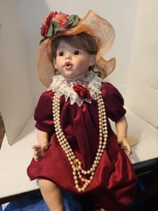 Sitting  17" Porcelain Doll With A Maroon Jumper - Picture 1 of 11