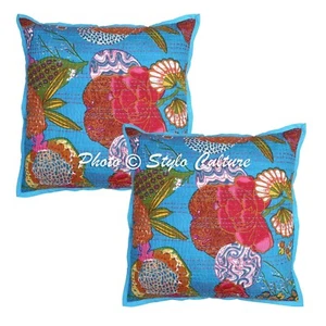 Funda de cojín azul Kantha gitana hecha a mano india tribal étnica hippie alm... - Imagen 1 de 6