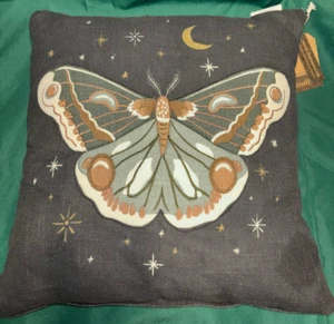 Embroidered Moth Witch Throw Accent Pillow 100% Cotton Vegan Indigo Moon - Picture 1 of 15