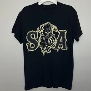 Sons Of Anarchy Small T-Shirt Mens Black Faux Patch SOA SAMCRO Grim Reaper VGC - Picture 1 of 7