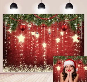 Telón de fondo fotográfico estrellas brillantes de Navidad dorado brillo árbol de Navidad fondo rojo - Imagen 1 de 11