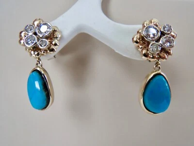 NEW! 18K & 14K YELLOW GOLD DIAMOND & NATURAL TURQUOISE DANGLE DROP EARRINGS - Image 1 of 4