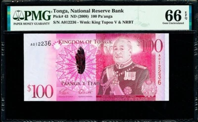 Tonga 100 Pa'anga HYBRID 2008 Pick-43 GEM UNC PMG 66 EPQ - Image 1 of 2