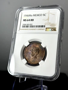 1946 Mo Mexico 5 Centavos Toned Coin - NGC Certified MS64 RB With Toning - Picture 1 of 3