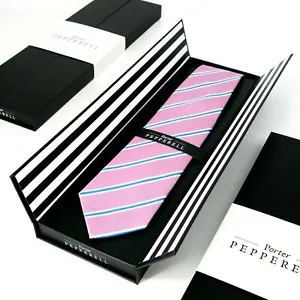 Pink + Blue Stripe Woven Mulberry Silk Fully Seven-Fold Tie 7 Porter Pepperell - Picture 1 of 7
