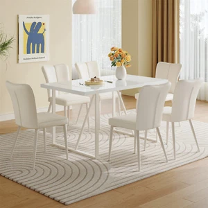 7 Piece Dining Table Set Wooden Dining Table with 6 Upholstered Chairs White - Picture 1 of 16