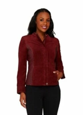 Chaqueta Isaac Mizrahi Live CUERO Gamuza Borgoña Rica MOTO Para Mujer 12 $194 ¡USADA EN EXCELENTE ESTADO! Foto 1 de 4