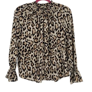 LOFT Größe MP hellbraun schwarz Rüschen gesmokte Ärmel Gepardenmuster Bluse Petites - Bild 1 von 10