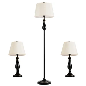 Costway 3PCS Lamp Set 2 Table Lamps 1 Floor Lamp Matt Black Vintage Home Bedroom - Picture 1 of 12
