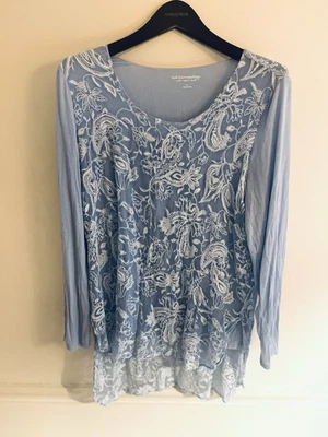 Soft Surroundings Womens Floral Lace Silk Top Sz Xl Blue Long Sleeve Asymmetric - Image 1 of 4
