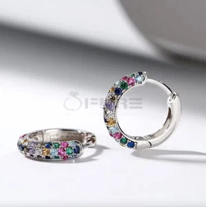 Women's Round 925 Silver Earring Multi Colour Zircon Huggie Hoop Earrings 15MM - Picture 1 of 12