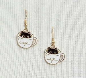 Cute Black Cat in White Coffee Cup Kitty Hook Dangle Drop Earrings Adorable Gift - Picture 1 of 2