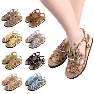 Hand-braided Rope Pearl Women Sandals Heel Thick Casual Beach Summer Shoes - Picture 1 of 20