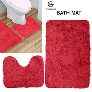 Non Slip Bath Mat Set Soft Shaggy Rugs Washable For Bathroom Shower - Red
