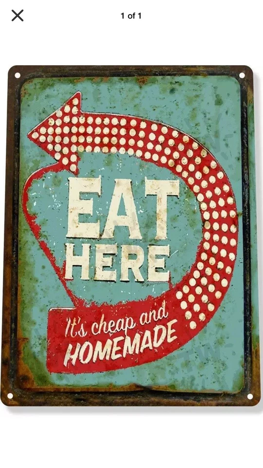 TIN SIGN “EAT HERE” Blue Vintage Diner Rustic Cafe Bar Farm Eatery Pub Kitchen - Image 1 of 1