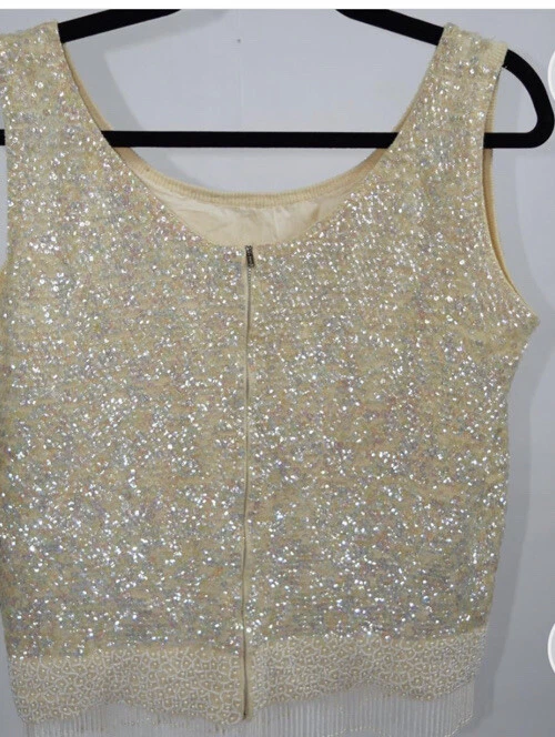 Cardigã vintage anos 50 suéter frisado lantejoulas cashmere angorá zíper Hong Kong O - Imagem 1 de 4