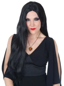 Morticia Addams Wig Long Black Fancy Dress Costume Adult Cher 70's Witch - Picture 1 of 1