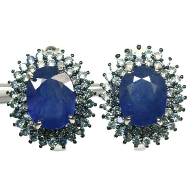 Edelstein 6 x 9 Mm. Blauer Saphir Ohrringe 925 Silber Weiß Gold - Bild 1 von 4