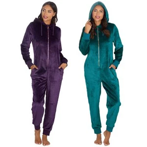 Ladies Fleece 1Onezie Soft Polished Hooded All In One Zip Jumpsuit Loungewear - Picture 1 of 13