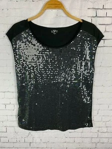LOFT Ann Taylor Top Small Women's Embellished Sequined Front Black *flaw (d26) - Picture 1 of 9