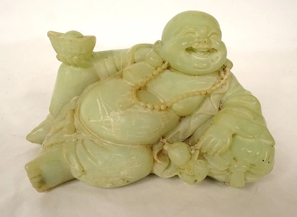 Scultura Cinese In Giada Giadeite Verde Buddha Ridente Firma Xuande XIX - Immagine 1 di 1