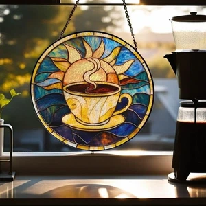 Morning Coffee Bar Stained Glass Suncatcher, Teacup Window Decor Gift - Picture 1 of 5
