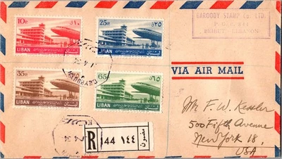 Conjunto de estampillas 1954 Beirut Líbano correo aéreo registrado cubierta a Nueva York Nueva York EE. UU. Foto 1 de 2