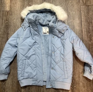 Abercrombie Fitch Kids Winter Hooded Jacket Parka Coat Size 15/16 Faux Fur Blue - Picture 1 of 12