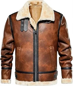 Men’s Shearling Leather Aviator Jacket, Vintage Bomber Style - Picture 1 of 3