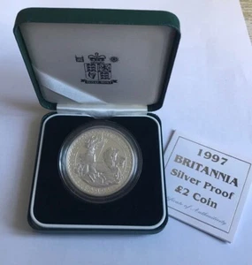 Simply Coins~ 1997 SILVER PROOF BRITANNIA 1OZ 2 POUNDS COIN BOXED COA MINT - Picture 1 of 6