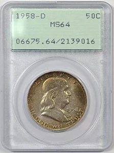 1958-D Franklin Half Dollar 50c PCGS MS64 Old Green Holder Rattler Toned - Picture 1 of 3