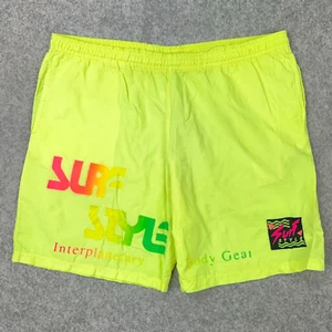 VTG Surf Style Shorts Mens Large Neon Yellow Nylon Elastic Waist Pockets 90s USA - Picture 1 of 11