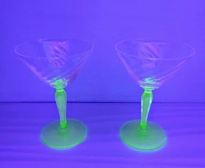 2 Fostoria Swirl Optic Green Stem Uranium Cocktail Glasses - Picture 1 of 10