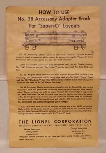 Lionel Postwar No. 38 Super O Accessory Adapter Track Instruction Sheet - 6/1958 - Picture 1 of 2