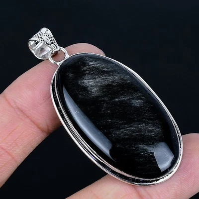 银光泽黑曜石 925 镀银手工吊坠 2.33 — 第 1/3 张图片