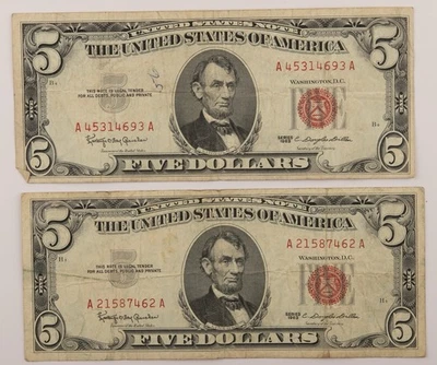 Two 1963 Series Five Dollar Red Seal US Note Legal Tender Circulated - 335b - Image 1 of 3