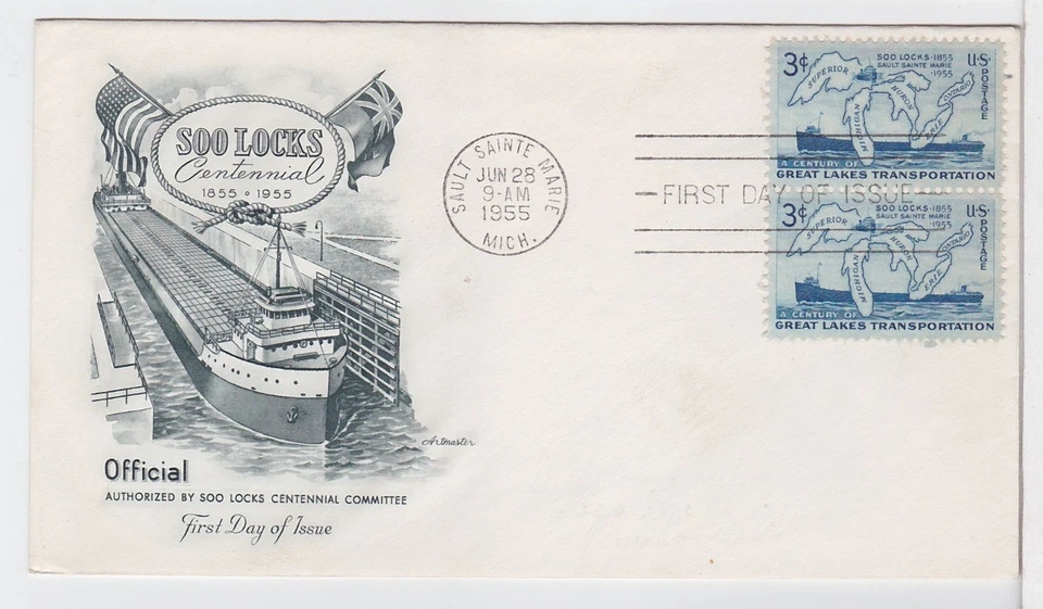 TurtlesTradingPost - Soo Locks Centennial #1069- 1955 FDC Artmaster Cachet- Pair - Image 1 of 1