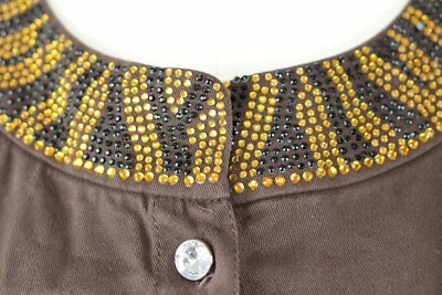Quacker Factory Brown Denim Jacket Sz Large Womens's Black Gold Beads Button Up - Image 1 of 4
