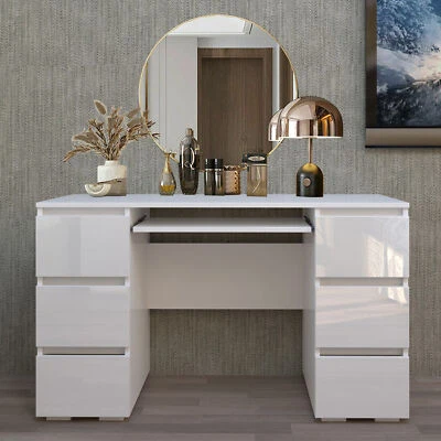 White Dressing Table High Gloss Makeup Desk 6 Drawers Big Storage Bedroom Modern