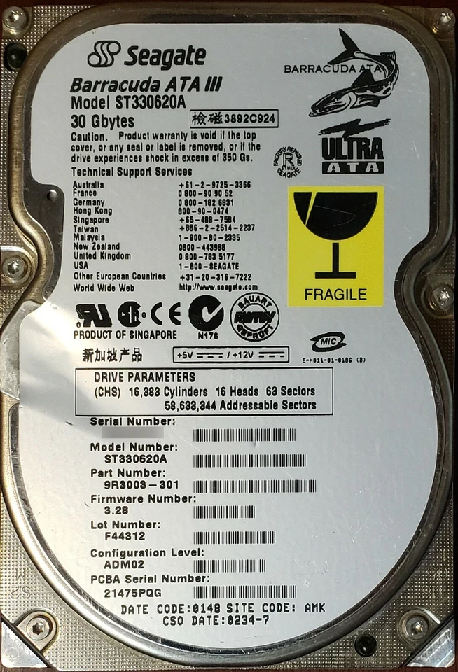 Seagate ST330620A 30GB 3.5" IDE/ATA-100 Barracuda ATA III HDD, 3.28, Refurb - Image 1 of 2