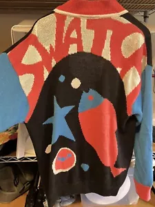 SWATCH Vintage Fish Star Clock Graphic Punk Sweater Cardigan BIG Pink Blue XL - Picture 1 of 11